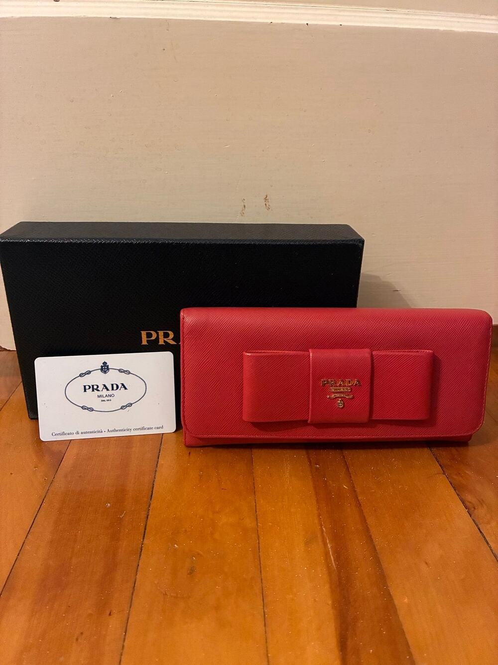Prada Red Saffiano Leather Bow Wallet